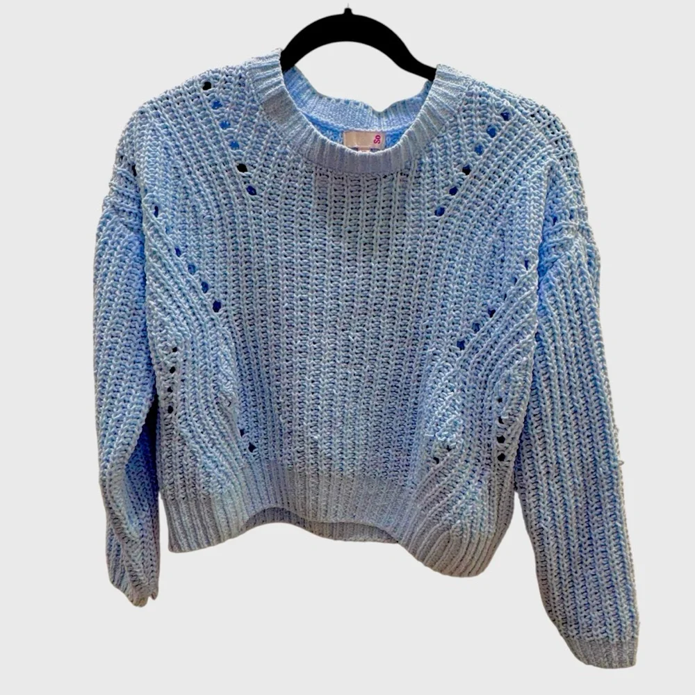 SO Light Blue Open-Knit Chunky Crewneck Sweater- Super Soft